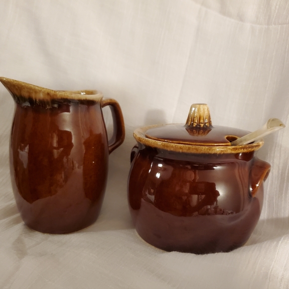 Vintage Hull Pottery Brown Drip Glaze Sugar Pot w/lid & Spoon | Creamer - Picture 2 of 16